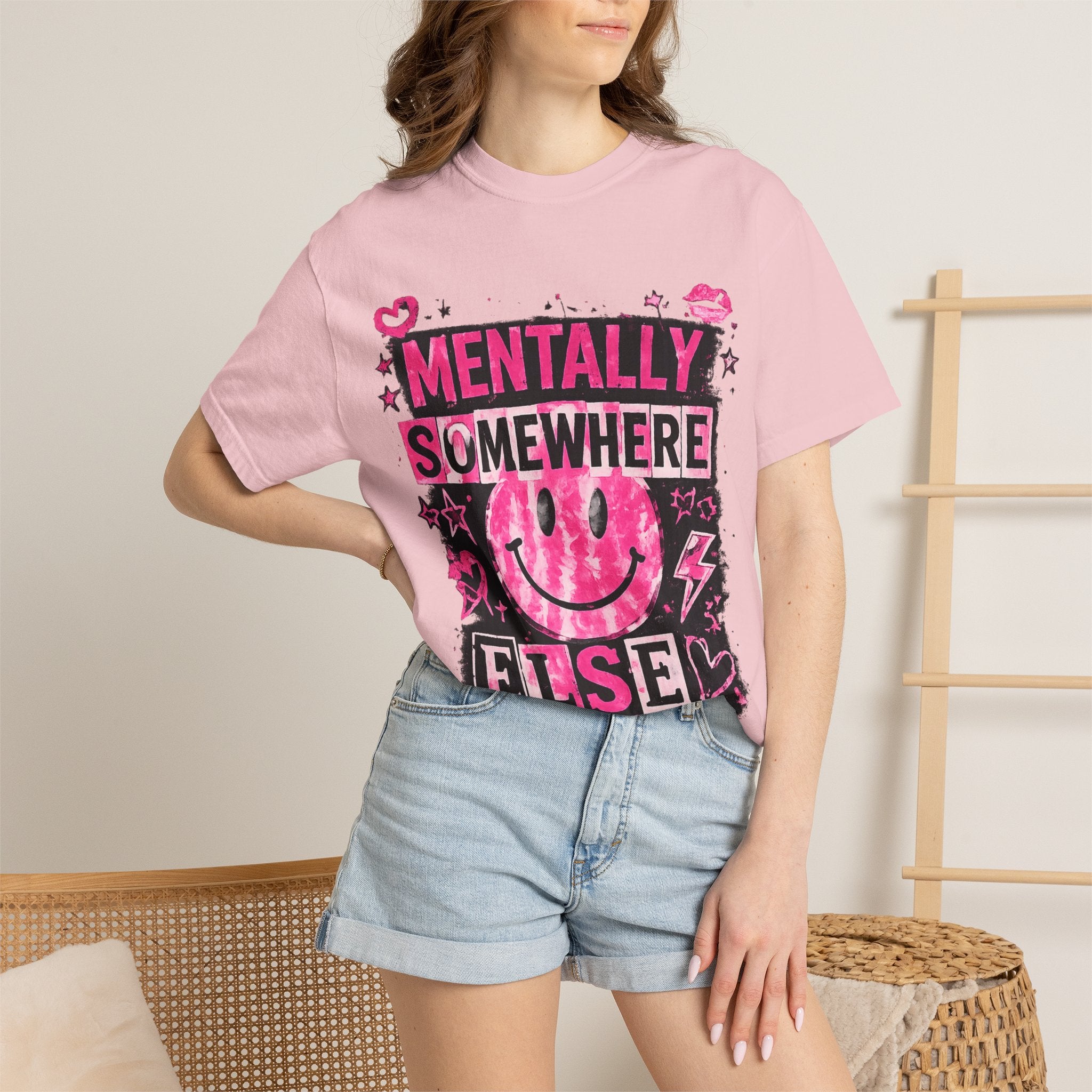 Mentally Somewhere Else T-Shirt — Retro Pink Smiley Graphic Tee