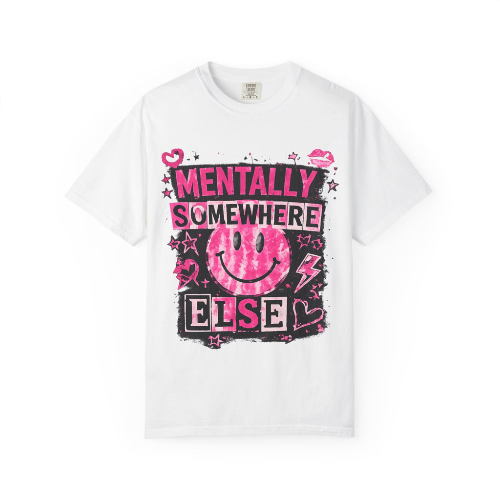 Mentally Somewhere Else T-Shirt — Retro Pink Smiley Graphic Tee