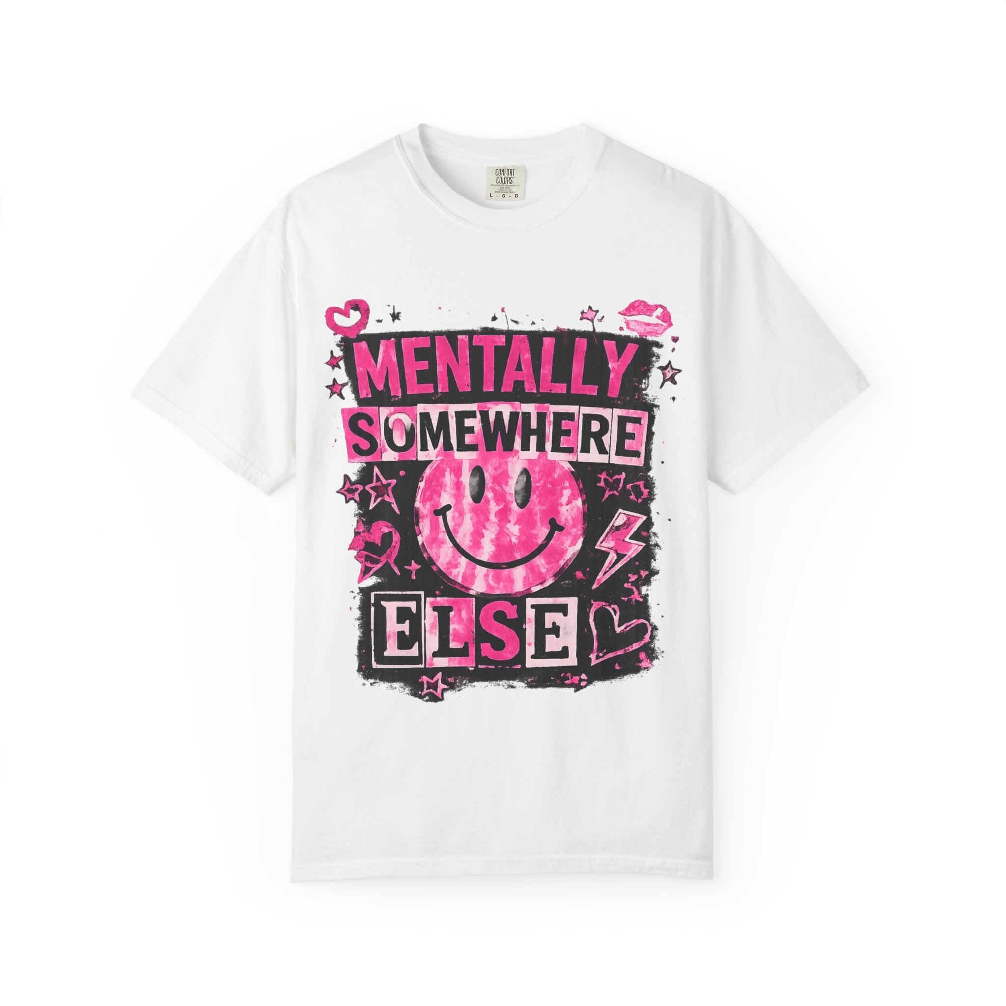 Mentally Somewhere Else T-Shirt — Retro Pink Smiley Graphic Tee