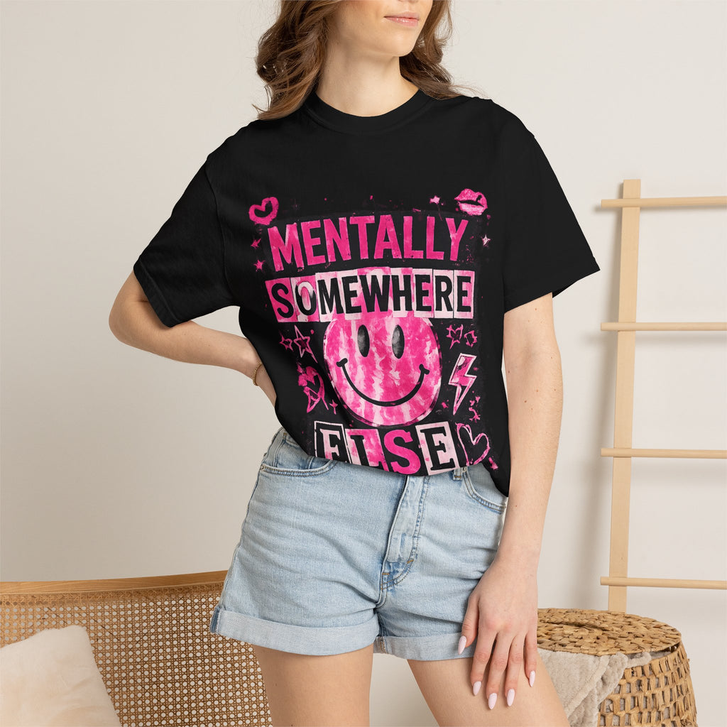 Mentally Somewhere Else T-Shirt — Retro Pink Smiley Graphic Tee