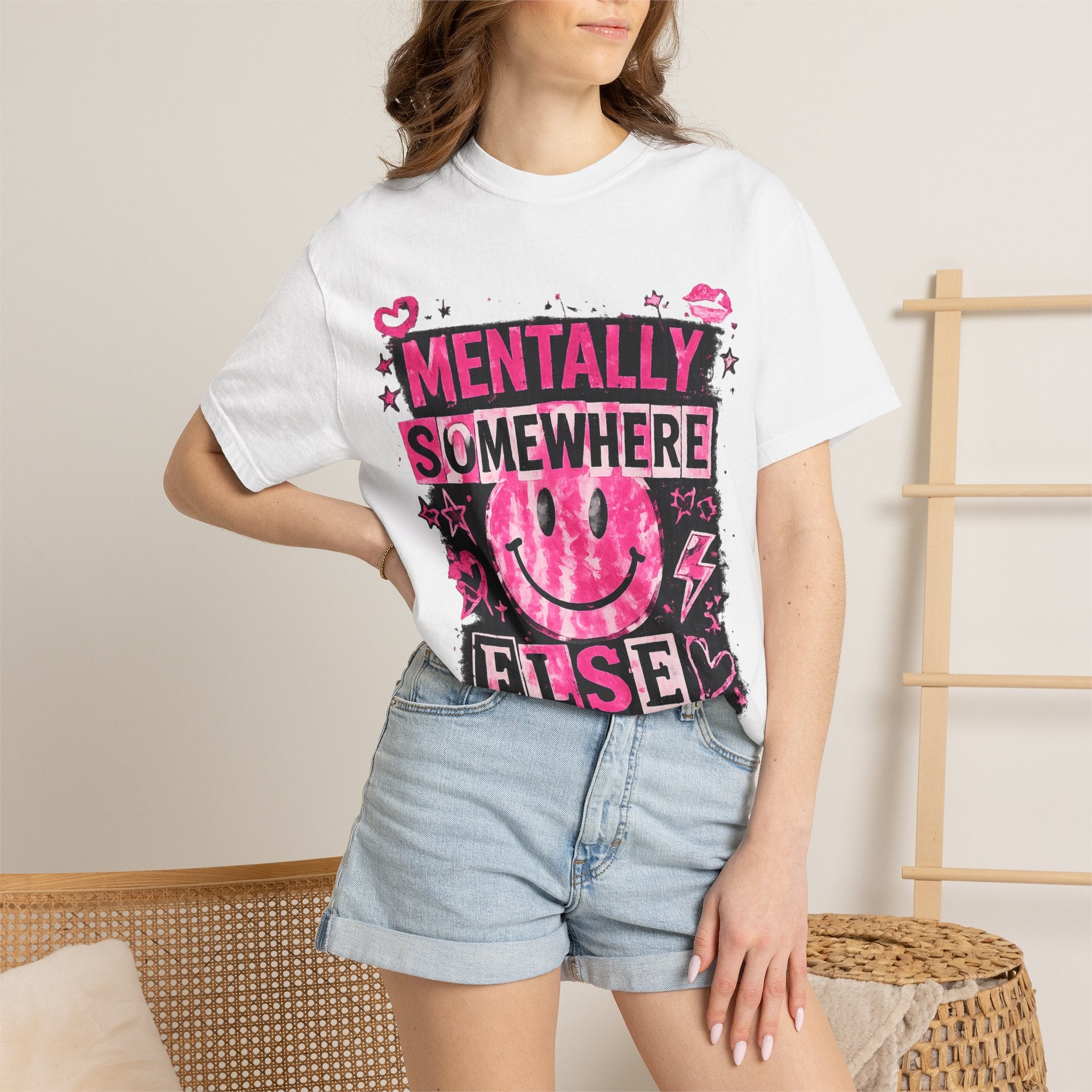 Mentally Somewhere Else T-Shirt — Retro Pink Smiley Graphic Tee